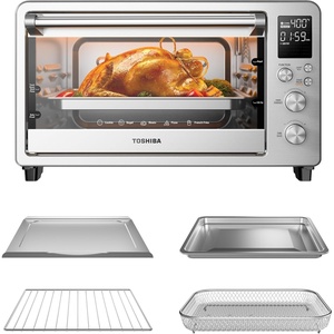 image:imageTOSHIBA 10in1 Convection Toaster Oven 6Slice Countertop Oven 1500W with Toast Bake Broil Rotisserie amp Pizza Functions LCD Knob Controls 6 Accessories Black Stainless Steel25L Air Fryer